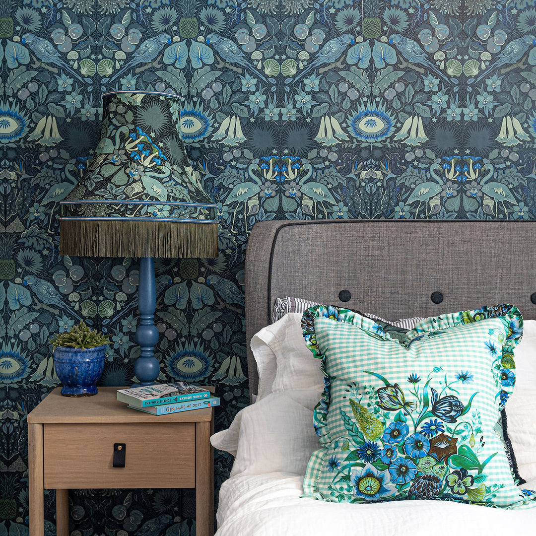 wear-the-walls-wallpaper-oasis-indigo-blue-william-morris-inspired-arts-and-crafts-inspired-parrots-seashells-pineapples-blue-turquoise-indigo-tones 