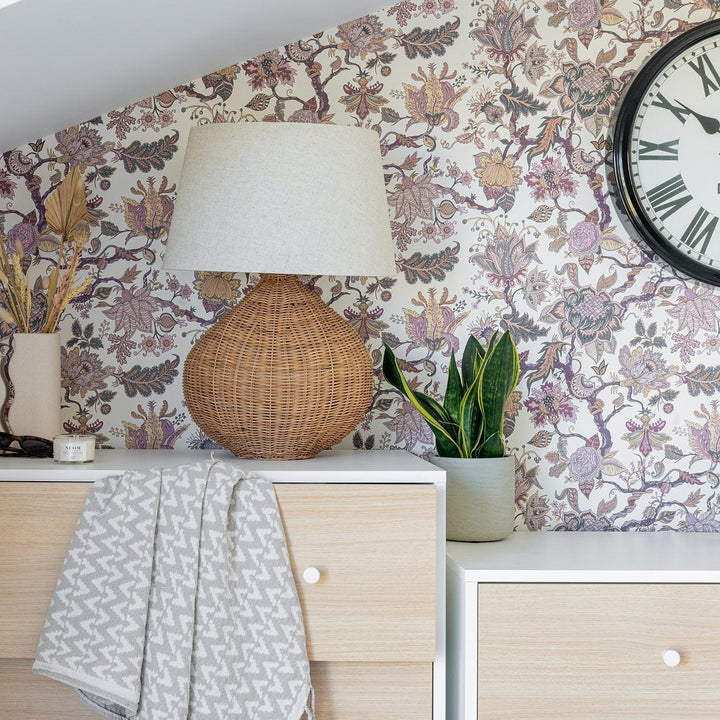 Wear-the-walls-Eden-wallpaper-tree-of-life-Indian-stylized-florals-taupes-browns-mauve-paisley-style-fruit-motifs-hidden-serpents
