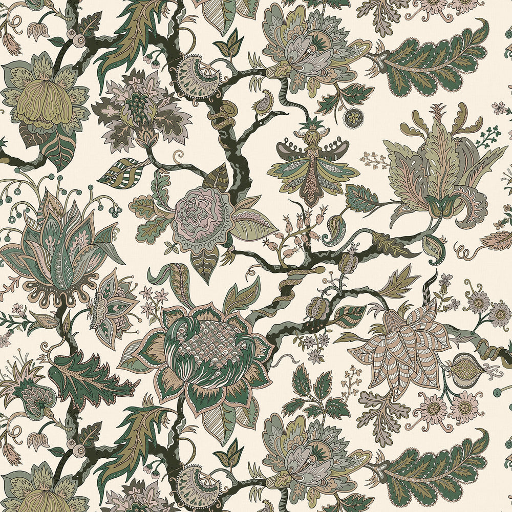Wear-the-walls-Eden-wallpaper-Fern-Green-tree-of-life-Indian-stylized-florals-taupes-browns-greens-cream-background-paisley-style-fruit-motifs-hidden-serpents