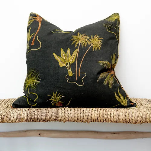 wear-the-walls-large-reversible-linen-cushion-in-solitude-charcoal-sand-linen-two-sided-print-black-sand-tropical-island-plam-pattern
