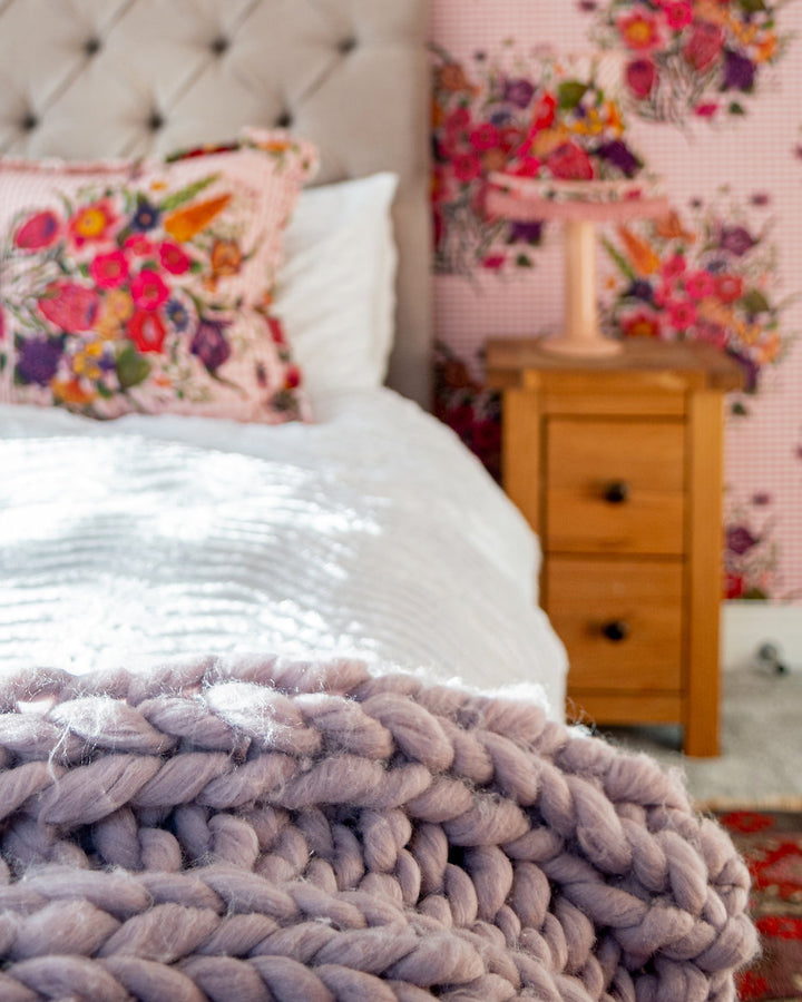 Wear-the-walls-linen-frilled-cushion-in-posy-cheery-gingham-frilled-cushion-large-floral-secondary-print-bold-print-hand-illustrated-lonen-cotton-mix-frill-detail-edges-made-in-england