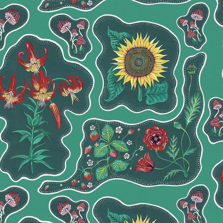 wear-the-walls-halcyon-wallpaper-emerald-green-stunning-retro-floral-patchwork-hand-illustrated-print-bold-sunflowers-strawberries-mushrooms-poppies-psychedelic-pattern