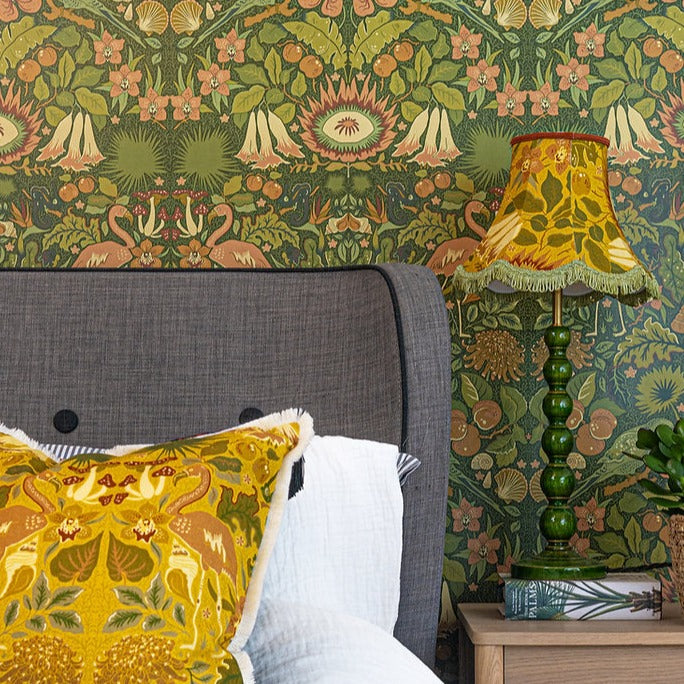 Wear-the-walls-Oasis-wallpaper-clover-green--william-morris-stlye-arts-and-crafts-mirrored-design-hand-illustrated-birds-plants-blooms-arts-and-crafts-Glover-Green-yellow-greens-mustard