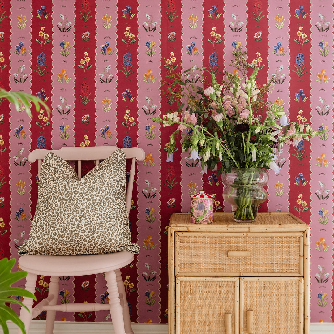 wear-the-walls-mavis-wallpaper berry-and-blush-vintage-scalloped-stripe-pattern-embroidery-3D-illustration-vintage-luxury-kitsch