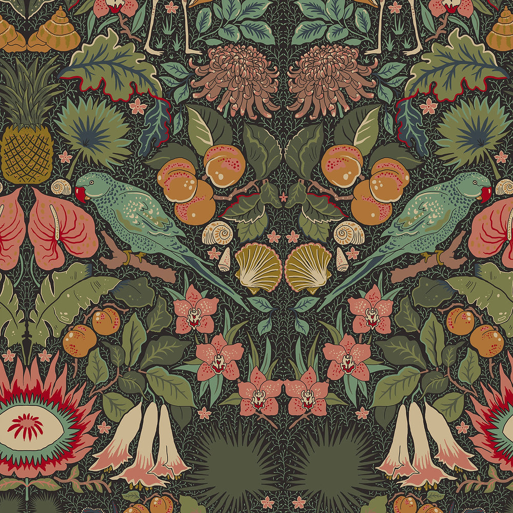 wear-the-walls-wallpaper-oasis-morris-inspired-arts-and-crafts-mirrored-birds-fruits-modern-traditional-prnt-hand-illustrated-brights-on-charcoal