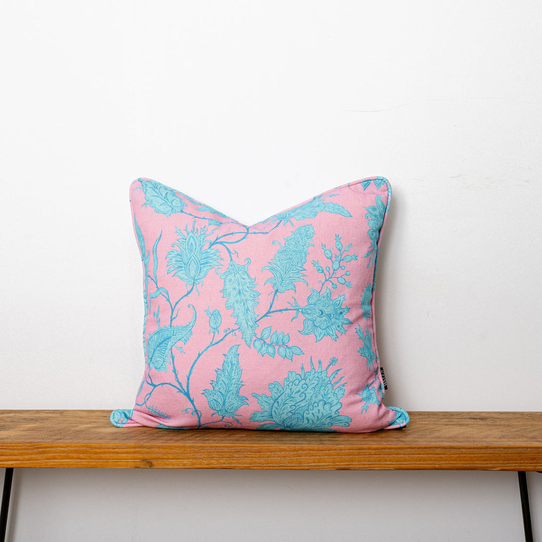 Wear-The-Walls-cushion-Hermosa-Pink-and Turquoise-printed-vine-floral-print-linen-cotton-mix-pillow-45x45cm-feather-filling-boho-style