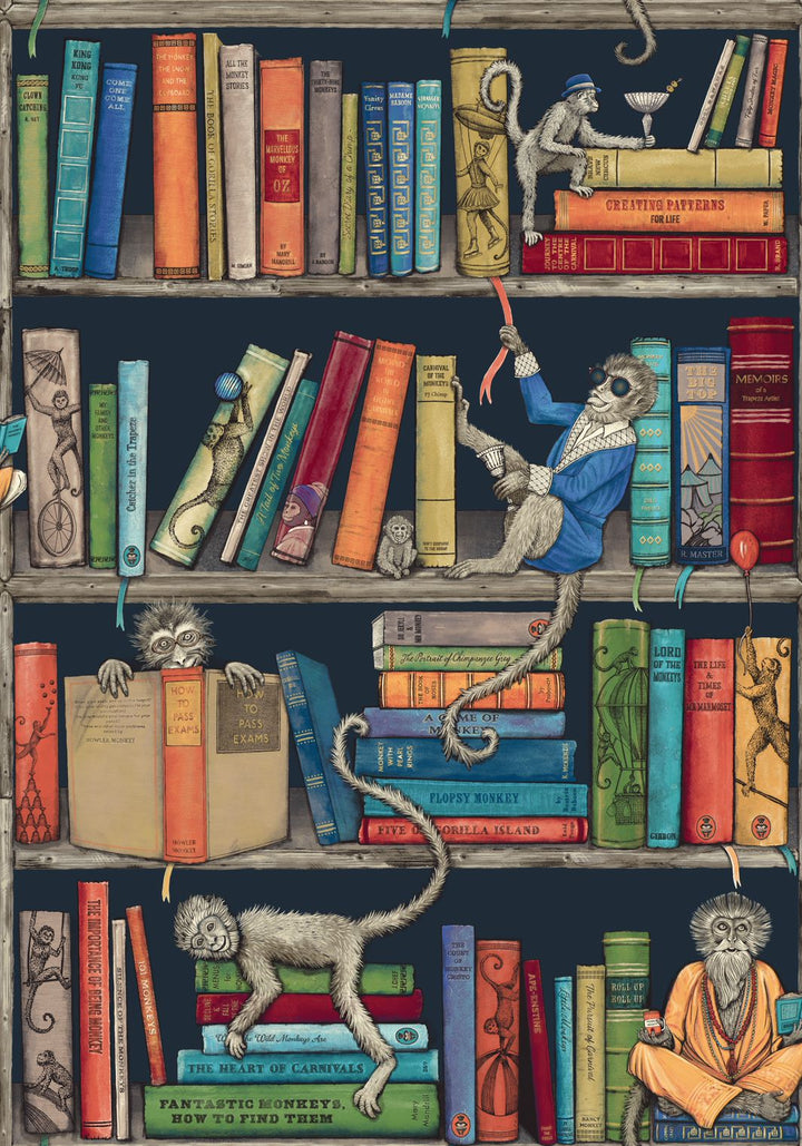 carnival-fever-monkey-library-colourful-blue-books-reading-wallpaper