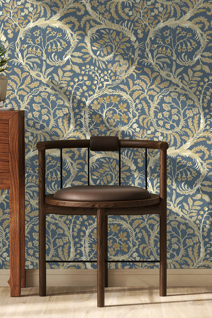 Josephine-Munsey-wallpaper-butterrow-bude-blue-antique-foliage-traditional-shell-shapes-botanical-print-trailing-pattern