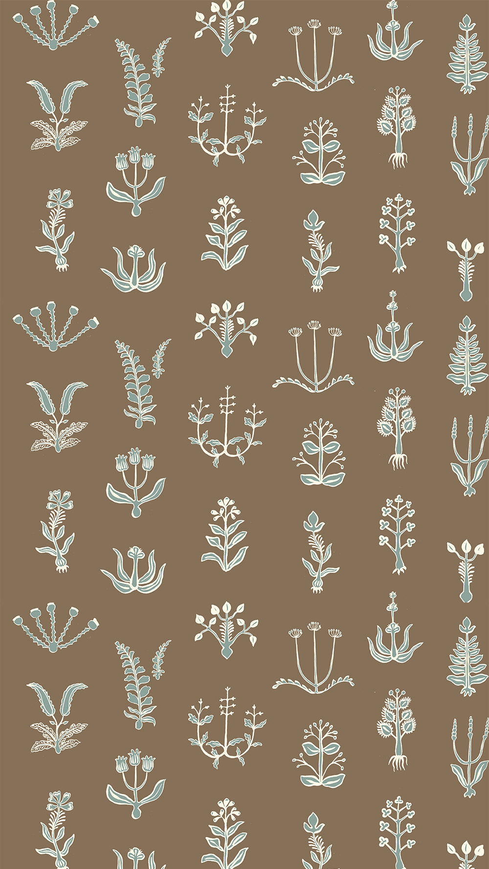 Josephine-Munsey-floral-spot-wallpaper-Clarke-white-Osney-blue-Kemp-brown-botanical-print-repeat-block-style-kitchen-wallpaper-floral-pattern