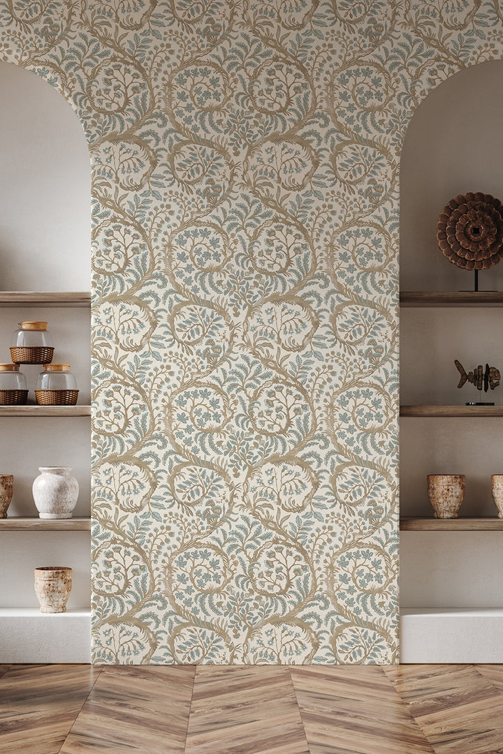 958 × 958px  Josephine-Munsey-wallpaper-butterrow-soft-blue-and-brown-traditional-trailing-botanical-print-folliage-shell-shapes