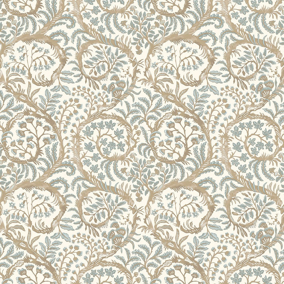 Josephine-Munsey-wallpaper-butterrow-soft-blue-and-brown-traditional-trailing-botanical-print-folliage-shell-shapes  
