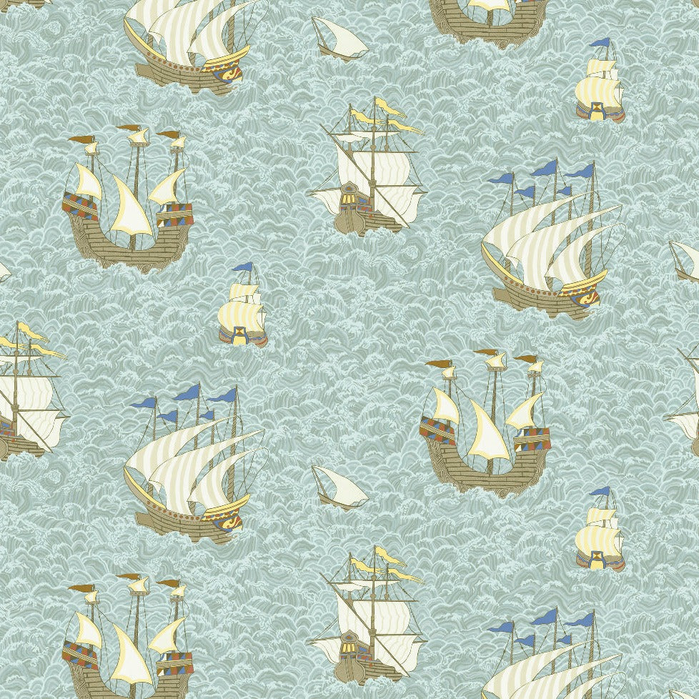 joesphine-munsey-wallpaper-ships-light-blue-hand-illustrated-images-viking-ship-vintage-style-paper-light-blue-waves-sails