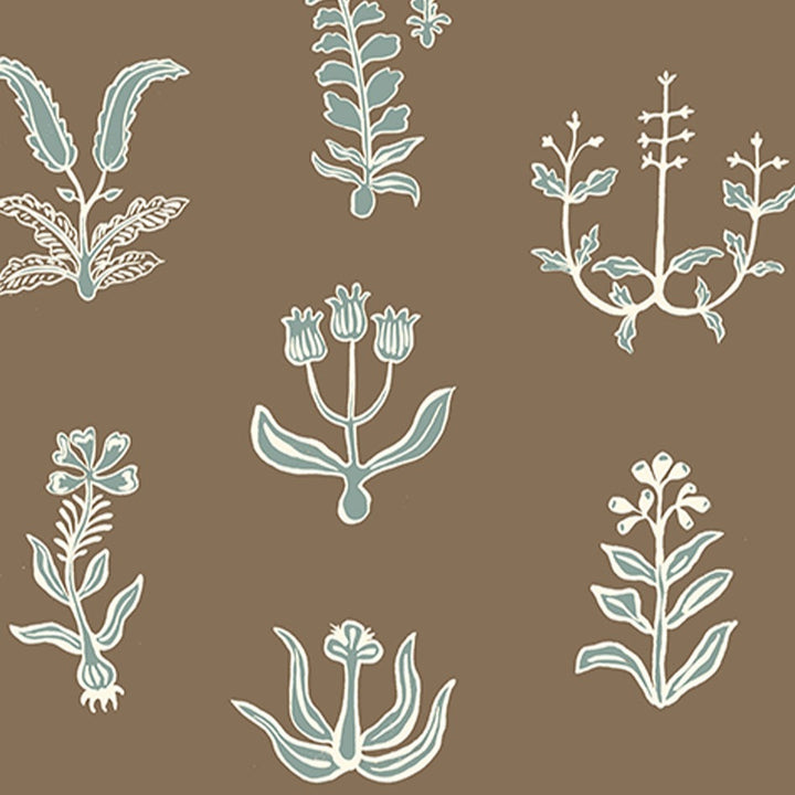 Josephine-Munsey-floral-spot-wallpaper-Clarke-white-Osney-blue-Kemp-brown-botanical-print-repeat-block-style-kitchen-wallpaper-floral-pattern   