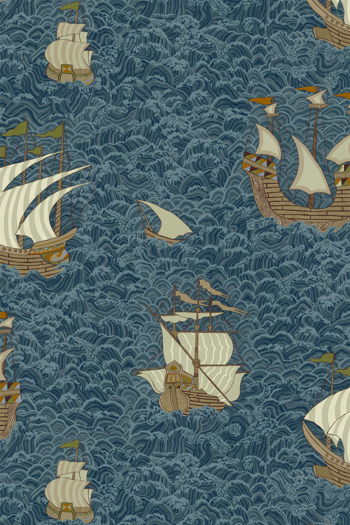 Josephine-munsey-wallpaper-ships-dark-blue-hand-illustrated-image-floating-viking-ships-dark-blue-waves