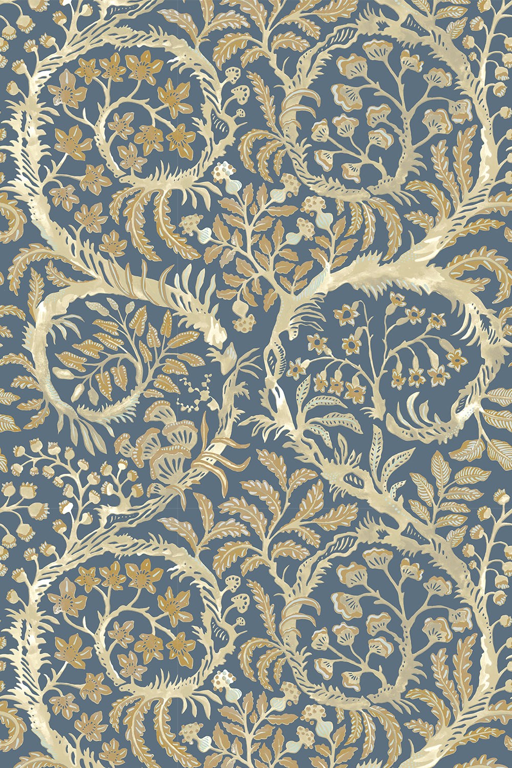 Josephine-Munsey-wallpaper-butterrow-bude-blue-antique-foliage-traditional-shell-shapes-botanical-print-trailing-pattern