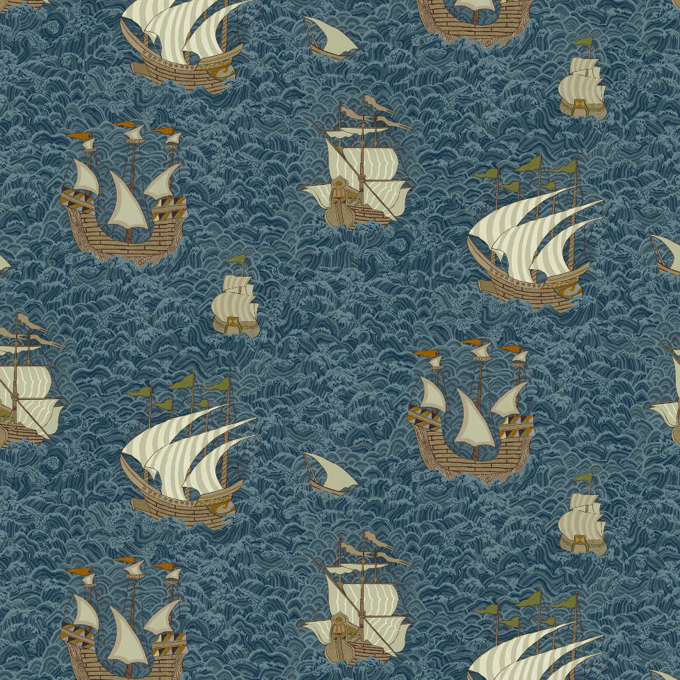 Josephine-munsey-wallpaper-ships-dark-blue-hand-illustrated-image-floating-viking-ships-dark-blue-waves  