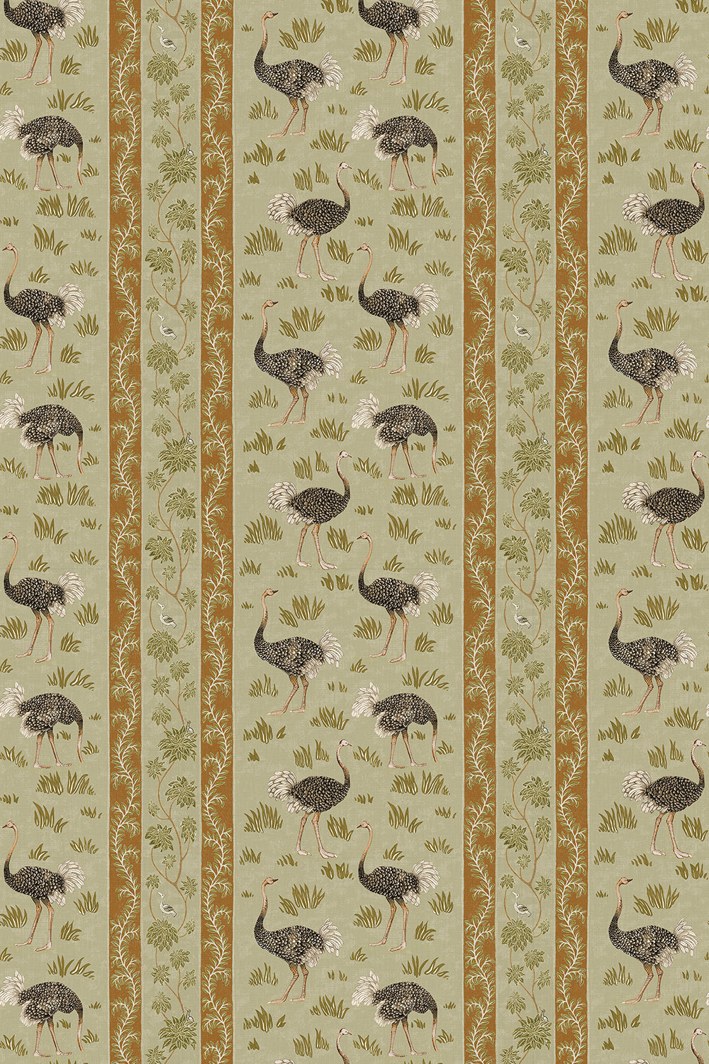 josephine-munsey-wallpaper-khaki-and-green-birds-in-grass-cross-hatched-texture-stripe-background-Ostrich-stripe