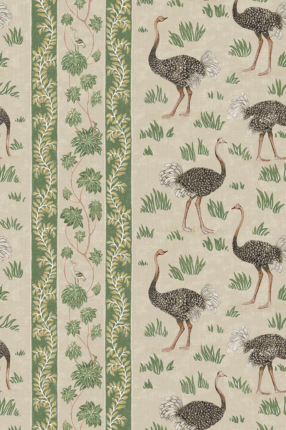 Josephine-Munsey-wallpaper-Ostrich-stripe-wallpaper-birds-amongst-grass-stripe-background-cream-and-green