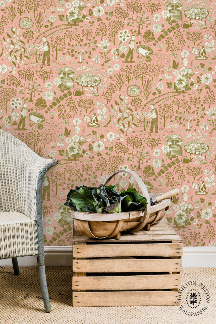 Patheways-wallpaper-Hamilton-Weston-Alice-Pattullo-country-scene-farmers-hand-illustrated-block-print-style-wallpaper--Pink-lady-green-and-white-on-pink