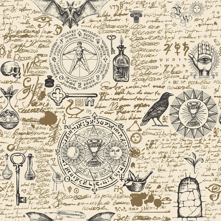 north-nether-alchemy-wallpaper-hand-illustrated-spellbinding-mystical-wallpaper-wallcovering-ochre-neutral