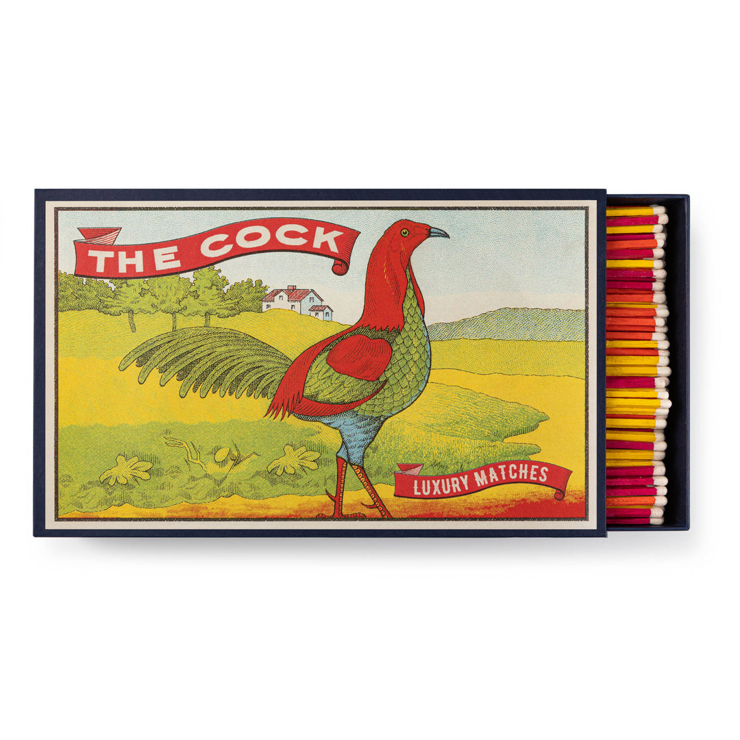 Archivist-gallery-art-print-giant-boxed-gift-matches-the-cock-illustrated-rooster-farm-scene-luxury-matches