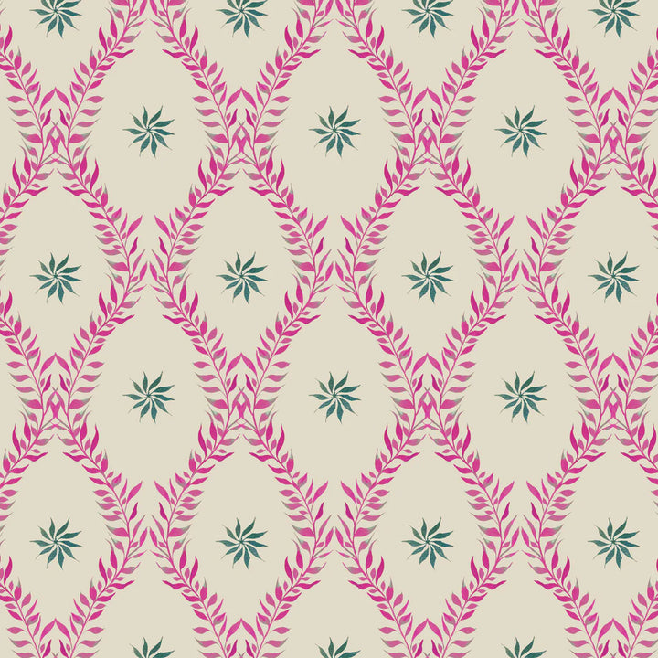 Tatie-Lou-Belle-wallpaper-classic-inspired-diamond-shape-trellis-leaf-pattern-flower-centre-traditional-pink-and-green-on-cream-French-Rose