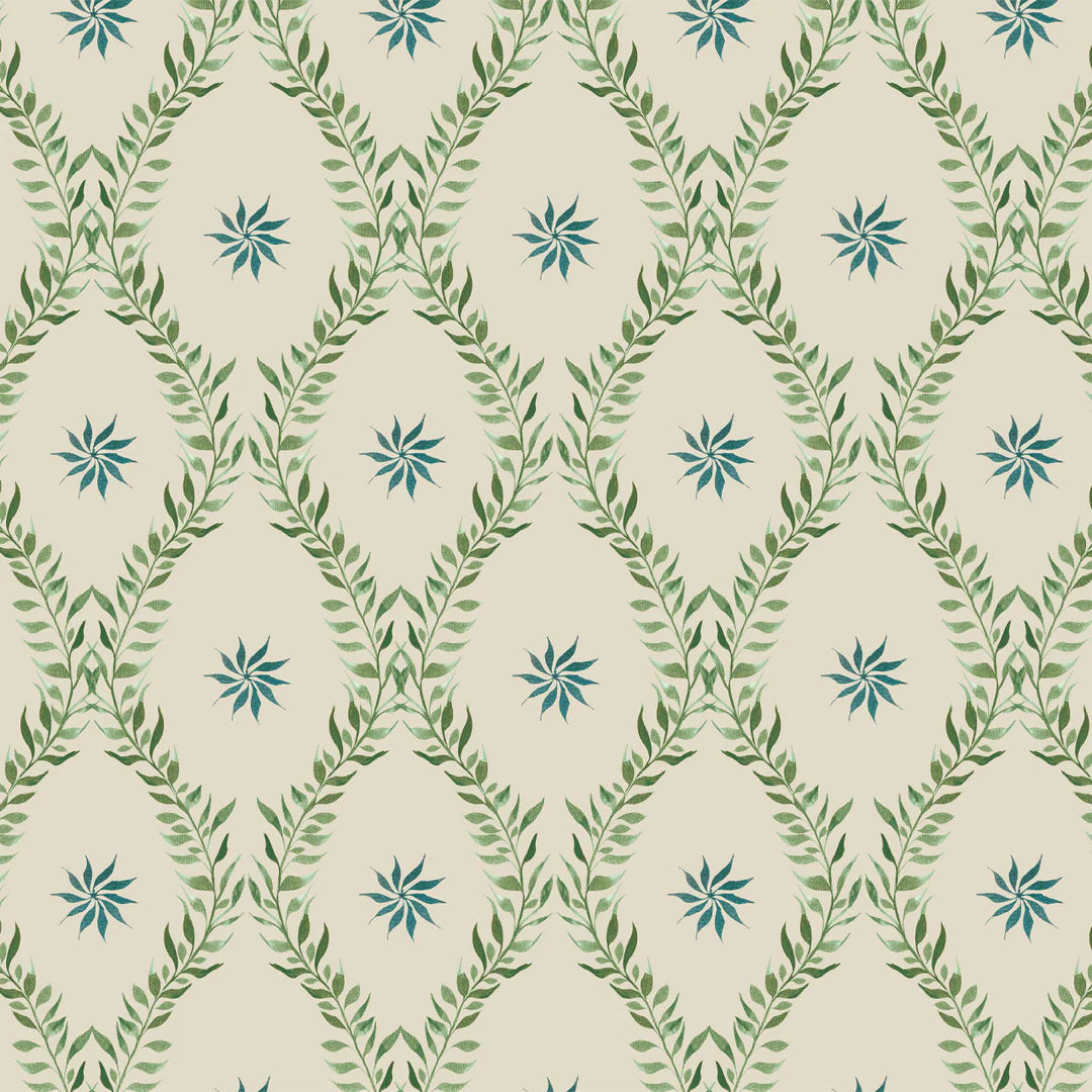 Tatie-Lou-Belle-Sage-wallpaper-classic-inspired-diamond-shape-trellis-leaf-pattern-flower-centre-traditional-green-blue-on-cream