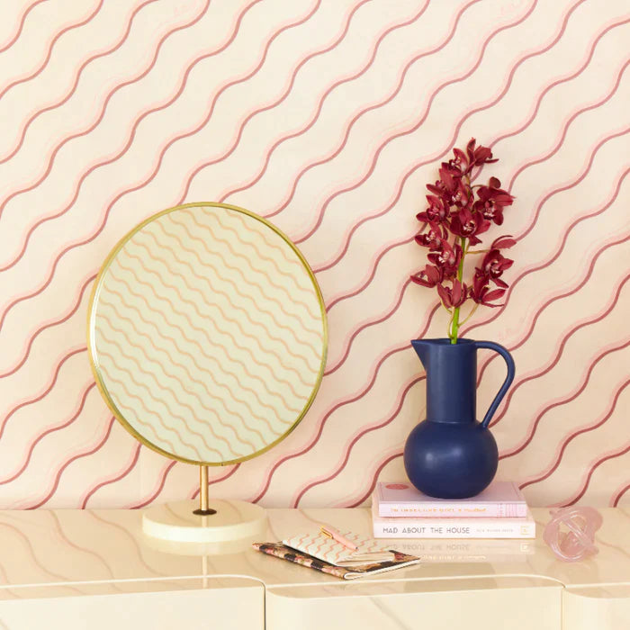 Poodle-and-blonde-wallpaper-Bellisima-retro-simple-70's-style-fine-line-diagonal-squiggle-line-wave-pattern-plain-background-Rosa-beige-pink-blush-burg-stripes