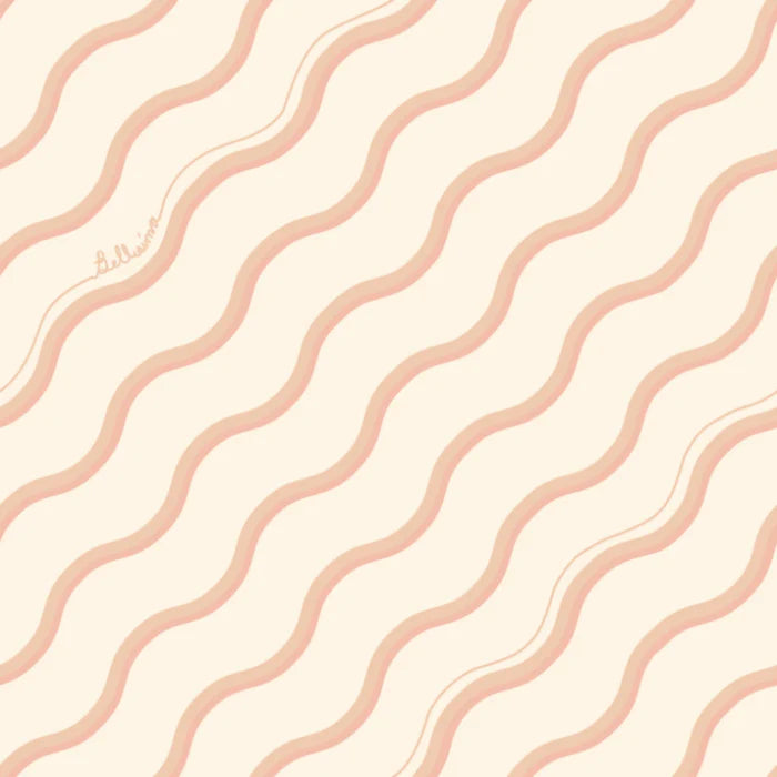 Poodle-and-blonde-wallpaper-Bellisima-retro-simple-70's-style-fine-line-diagonal-squiggle-line-wave-pattern-plain-background-crema-cream-peach-colours