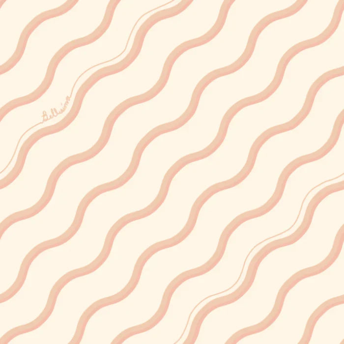 Poodle-and-blonde-wallpaper-Bellisima-retro-simple-70's-style-fine-line-diagonal-squiggle-line-wave-pattern-plain-background-crema-cream-peach-colours