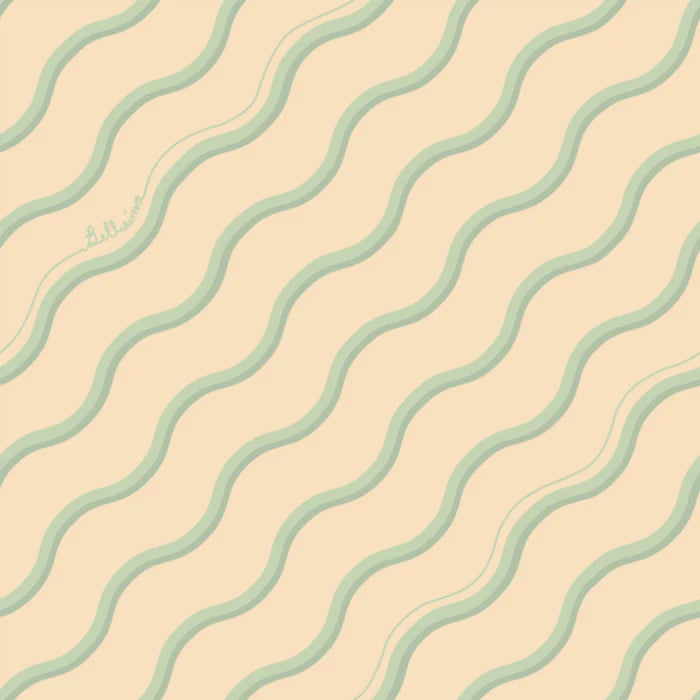 Poodle-and-blonde-wallpaper-Bellisima-retro-simple-70's-style-fine-line-diagonal-squiggle-line-wave-pattern-plain-background-Mela-mint-aqua-stripes
