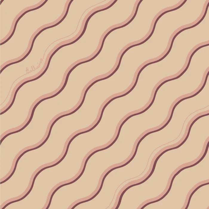 Poodle-and-blonde-wallpaper-Bellisima-retro-simple-70's-style-fine-line-diagonal-squiggle-line-wave-pattern-plain-background-Rosa-beige-pink-blush-burg-stripes