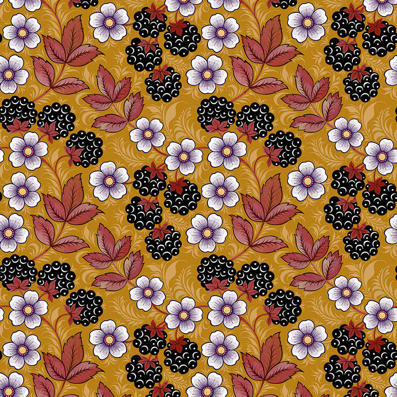 Olenka-design-blackberry-honey-wallpaper-design-blackberry-bush-folk-inspired-illustrated-leaves-berries-thorns-mustard-background