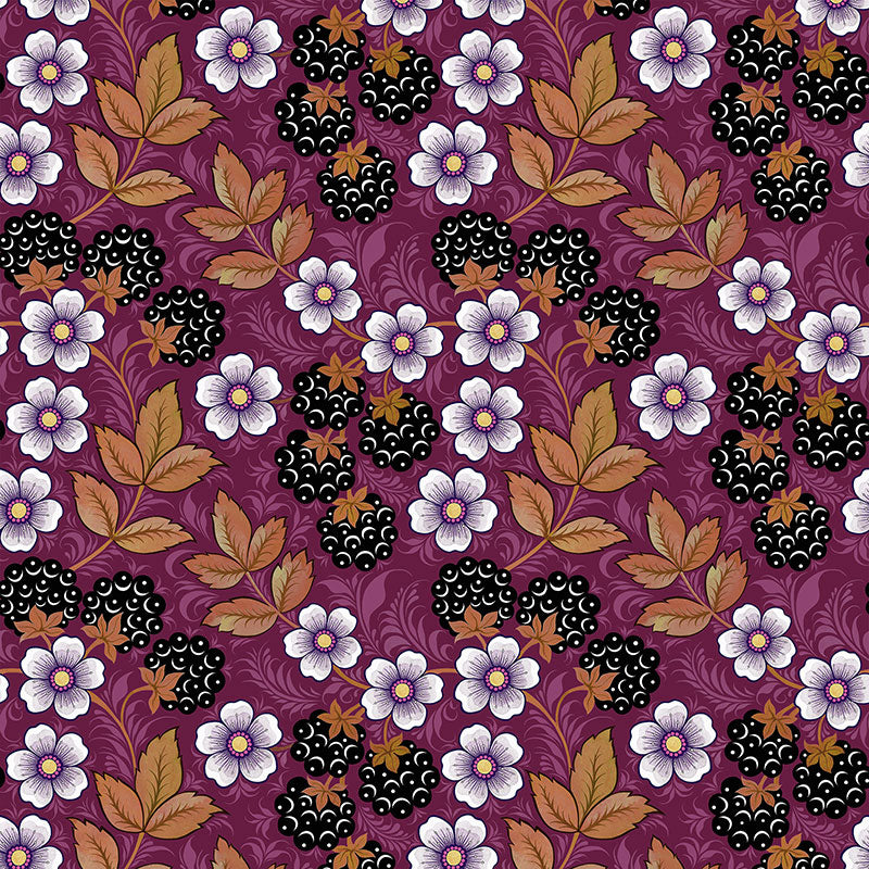 Olenka-design-blackberry-wine-wallpaper-berries-leaves-flowers-trailing-flowers-autumnal-pattern-hand-illustrated-pattern-made-in-England