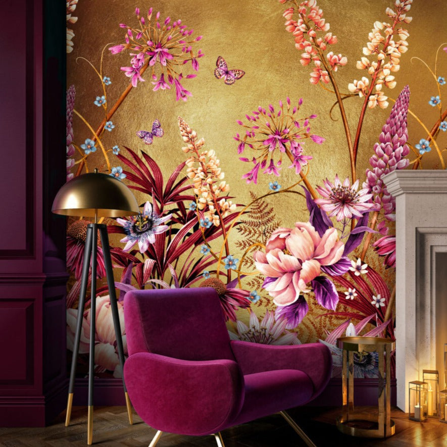 Avalana-design-Blooms-of-Midas-Wallpaer-mettalic-goil-foil-wall-mural-exotic-giant-floral-print-butterflies-garden-wall-mural