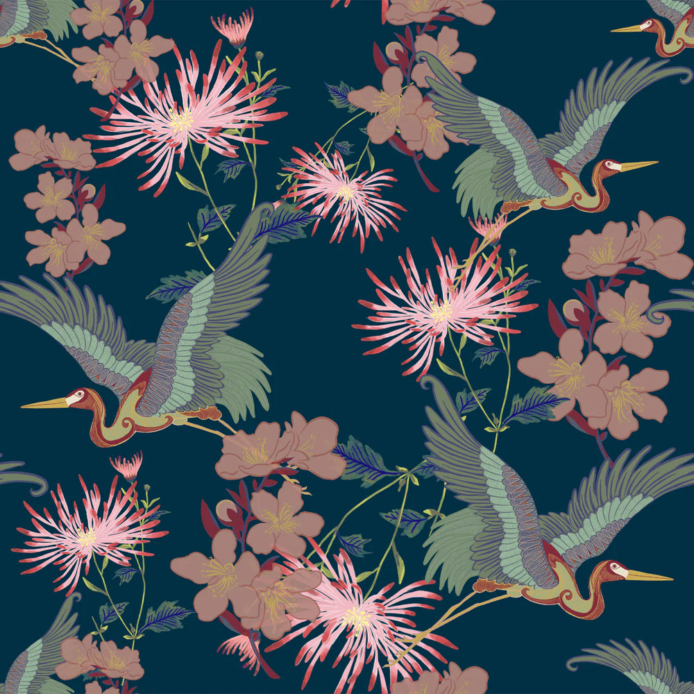 Tatie-lou-wallpaper-blsoom-midnight-flying-cranes-floral-Japanese-blue-background