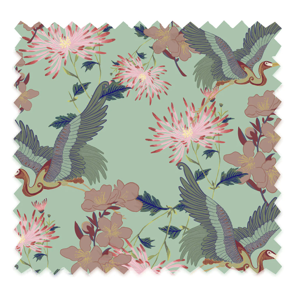 tatie-loue-Blossom -velvet-flying-cranes-flowers-japan-style-Mint-green