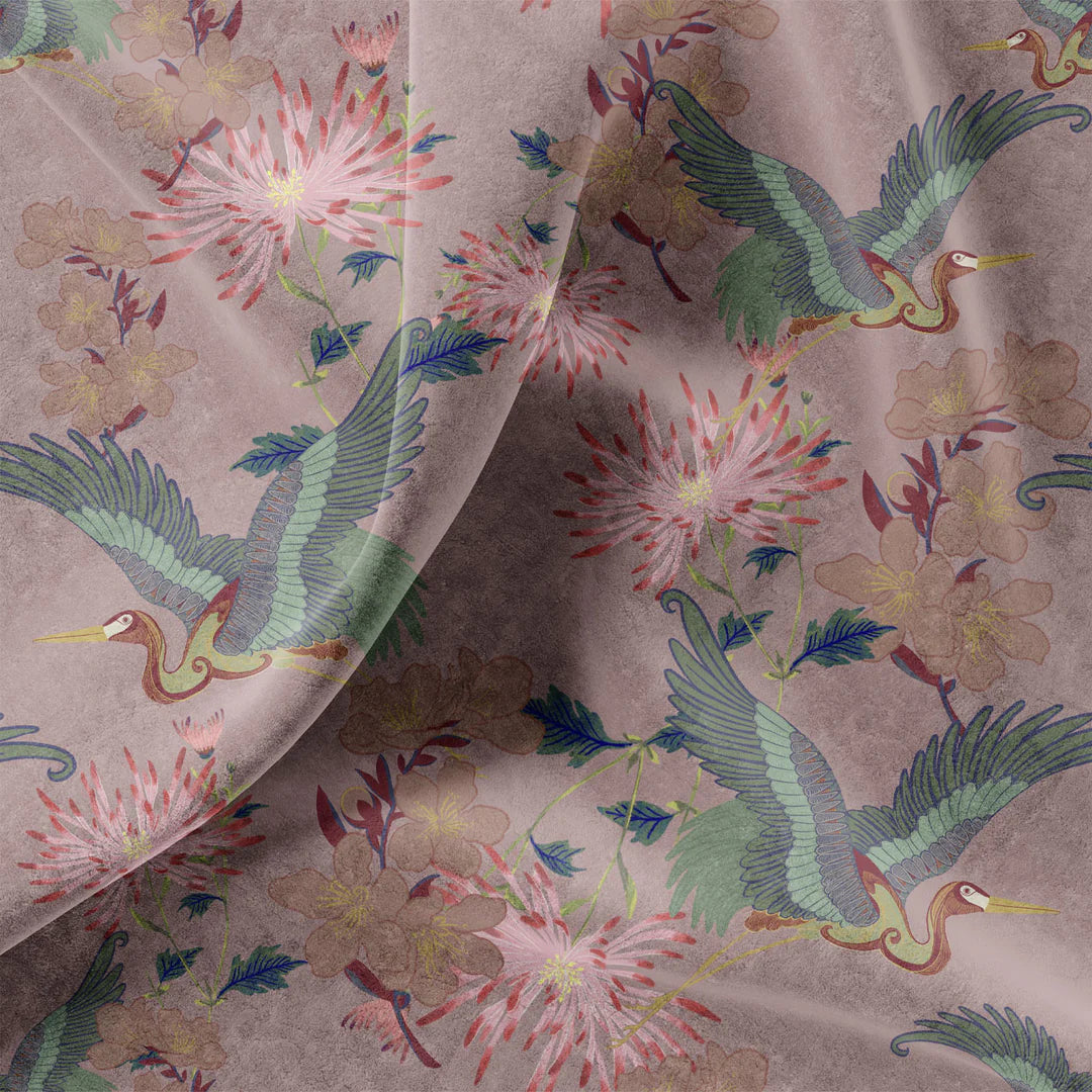 tatie-loue-Blossom -velvet-flying-cranes-flowers-japan-style-Rose-pink