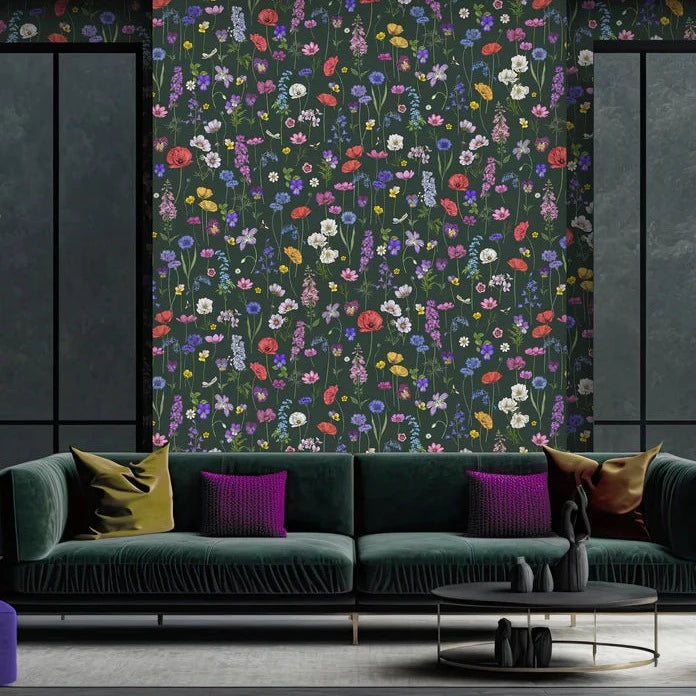 Victoria-Sanders-wallpaper-Botanica-green-background-boquett-dancing-florals-hand-drawn-flowers-delicate-spring-field-floral-print-illustrated-luxury-wallpaper 