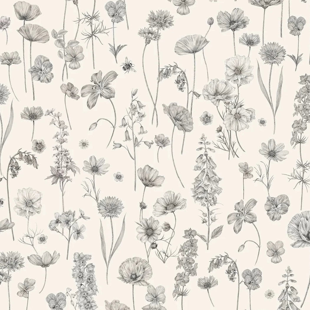 victoria-Sanders-wallpaper-Botanica-parchment-charcoal-hand-drawn-illustrated-blooms-scattered-flowers-parchment-cream -background