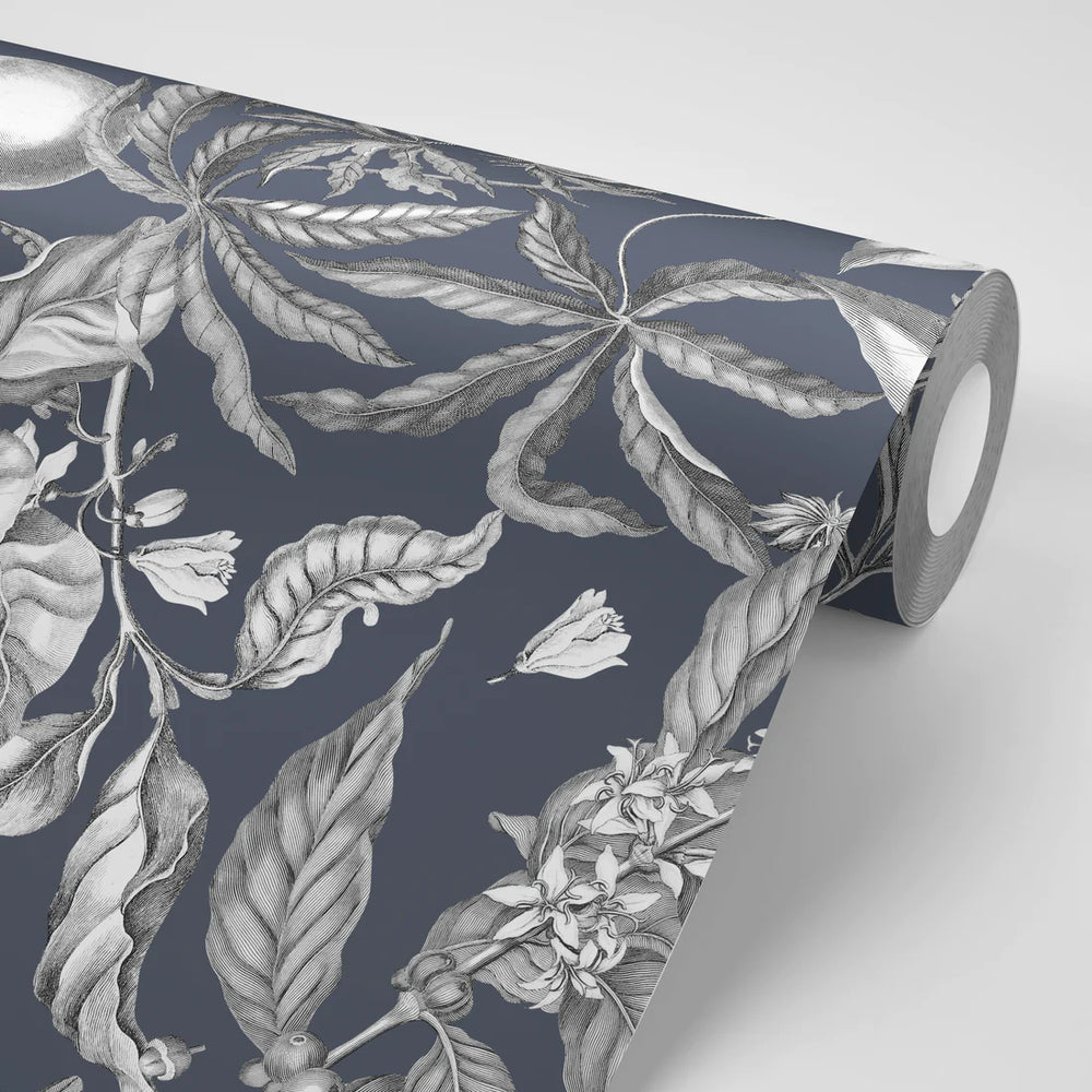 North-and-nether-botanique-opulant-leaf-print-tapestry-white-on-blue-bold-large-print-floral-and-fruit