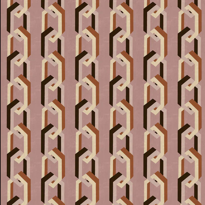 Poodle-and-Blonde-chain-of-fools-wallpaper-interlocking-hexagons-stripe-pattern-retro-mid-century-architectural-design-Valentine-pink-brown-black