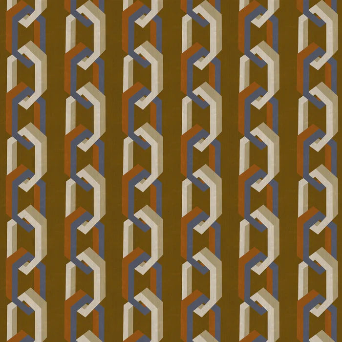 Poodle-and-Blonde-chain-of-fools-wallpaper-interlocking-hexagons-stripe-pattern-retro-mid-century-architectural-design-ginger-browna