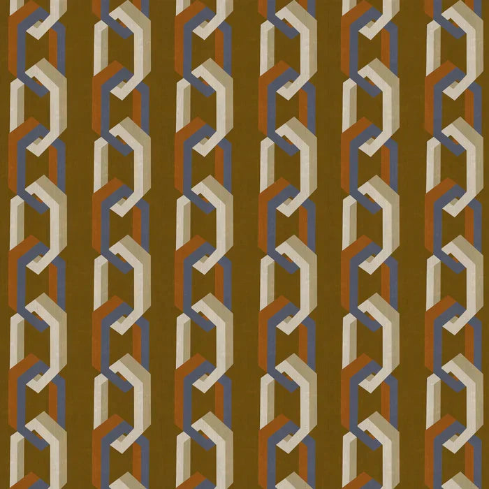Poodle-and-Blonde-chain-of-fools-wallpaper-interlocking-hexagons-stripe-pattern-retro-mid-century-architectural-design-ginger-browna