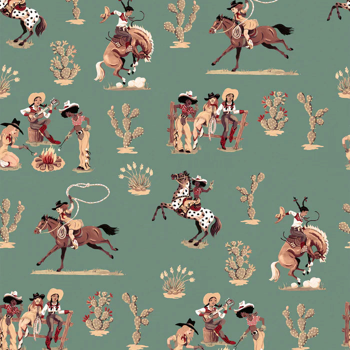Poodle-and-Blonde-Cliftonville-cowgirls-wallpaper-printed-horses-cowgirls-retro-kitch-wild-west-hand-painted-pattern-Mirage-green