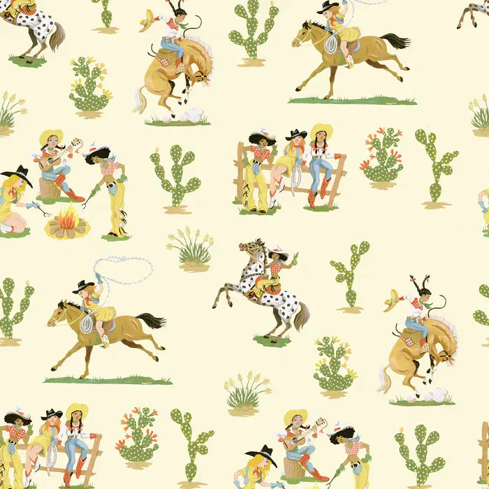 Poodle-and-Blonde-Cliftonville-cowgirls-wallpaper-printed-horses-cowgirls-retro-kitch-wild-west-hand-painted-pattern-Rattlesnake-lemon-green