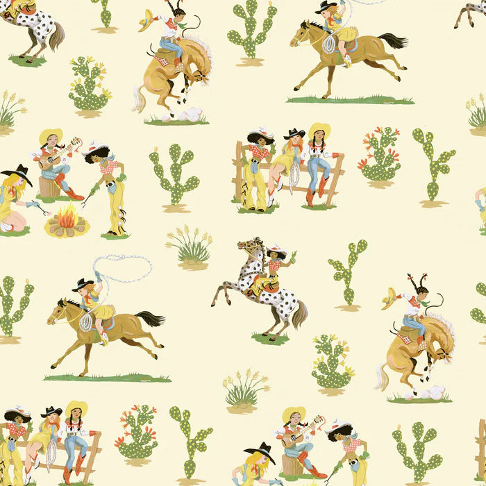 Poodle-and-Blonde-Cliftonville-cowgirls-wallpaper-printed-horses-cowgirls-retro-kitch-wild-west-hand-painted-pattern-Rattlesnake-lemon-green