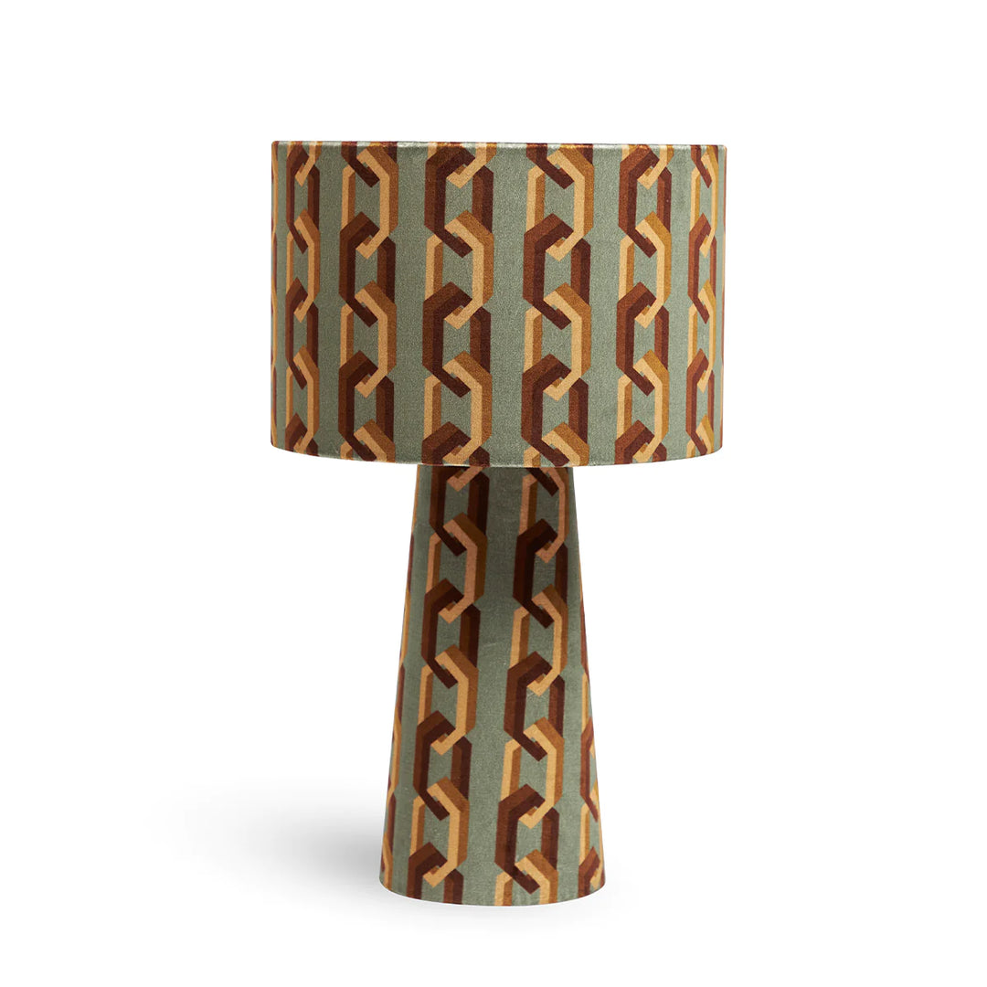 Chain-of-fools-velvet-drum-table-lamp-jade-retro-pattern-velvet-link-design-teal-grey-background-brown-links-poodle-and-blonde-lighting