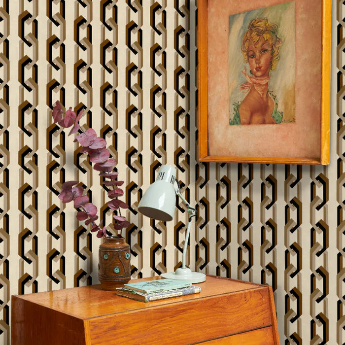 Poodle-and-Blonde-chain-of-fools-wallpaper-interlocking-hexagons-stripe-pattern-retro-mid-century-architectural-design-mono-vanilla