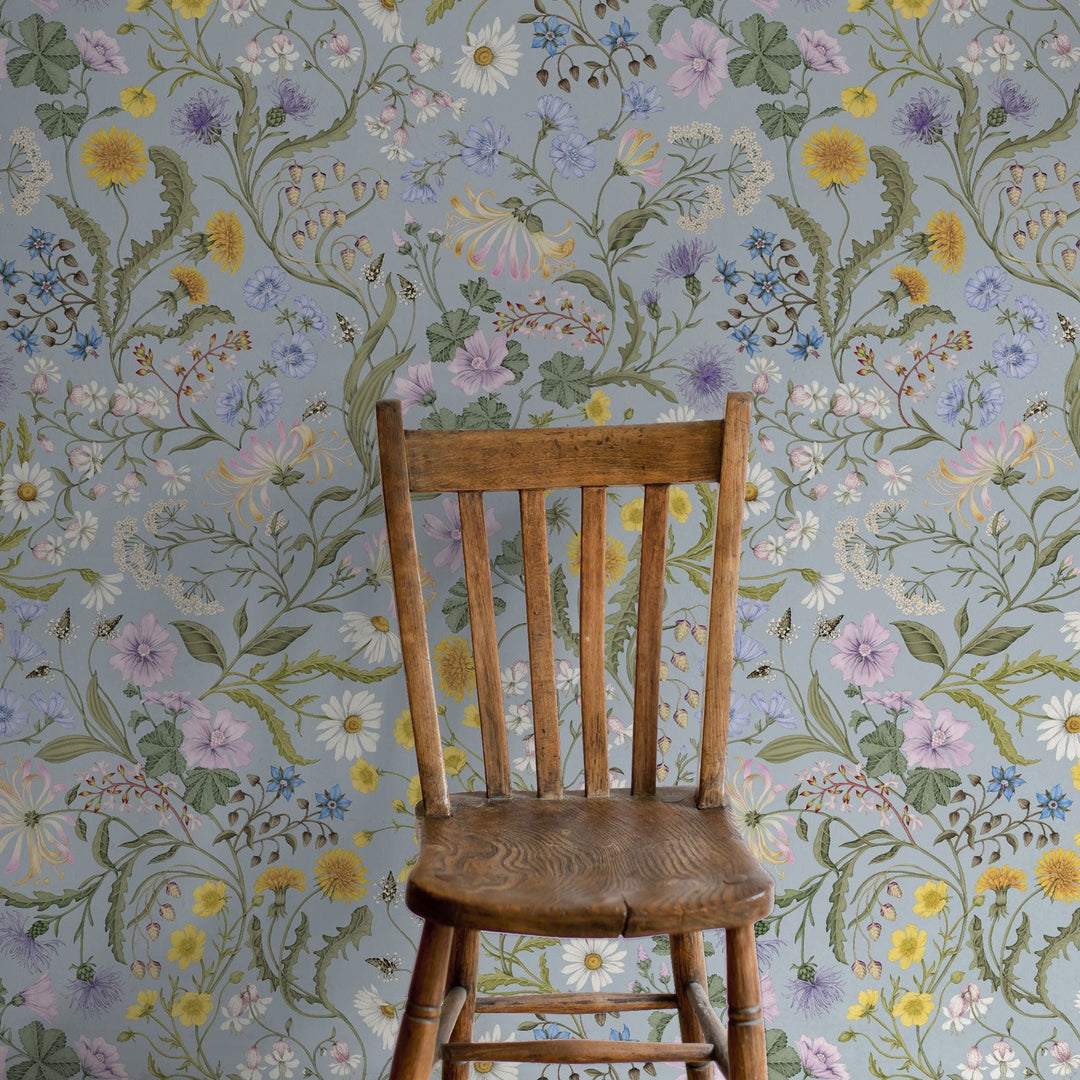 Studio-le-Cocq-the-lost-Garden-Blue-2024-recoloured-botanical-Britosh-print-artist-wallpaper-spring-blooms-duck-egg-blue-background 